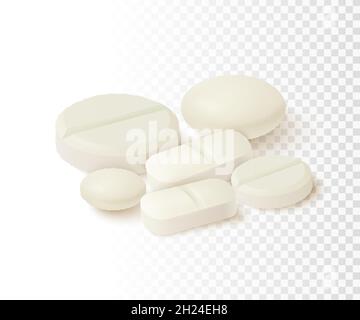 Collection of oval, round and capsule shaped tablets. Medicine and drugs. Realistic medical pills isolated on white background. Vector illustration. Stock Vector