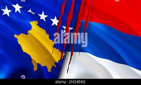 Kosovo and Serbia flags with scar concept. Waving flag,3D rendering. Serbia and Kosovo conflict concept. Kosovo Serbia relations concept. flag of Koso Stock Photo