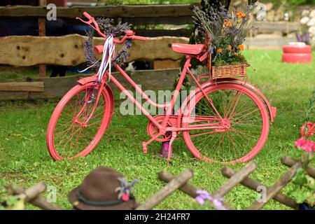 Rosa angestrichenes Fahrrad mit Blumenschmuck im Salzkammergut, Österreich, Europa - Pink painted bicycle with flower bouquet in the Salzkammergut, Au Stock Photo