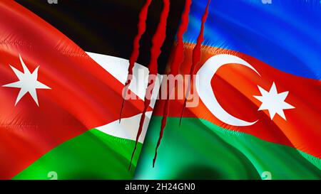 Jordan and Azerbaijan flags with scar concept. Waving flag,3D rendering. Azerbaijan and Jordan conflict concept. Jordan Azerbaijan relations concept. Stock Photo