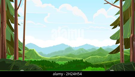 Mountains scorn in the forest away. View from the coniferous forest. Beautiful summer landscape with trees. Green pines and ate. Illustration in carto Stock Vector