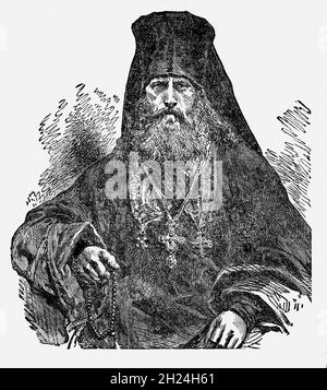 A late 19th Century illustration of a Greek Patriarch, the head bishop of the Greek Orthodox Patriarchate of Jerusalem, ranking fourth of nine Patriarchs in the Eastern Orthodox Church. In the Apostolic Age the Christian Church was organized as an indefinite number of local Churches that in the initial years looked to that at Jerusalem as its main centre and point of reference. After the Saracen conquest in the 7th century, Muslims recognized Jerusalem as the seat of Christianity and the Patriarch as its leader. When the Great Schism took place in 1054 the Patriarch of Jerusalem and the other Stock Photo