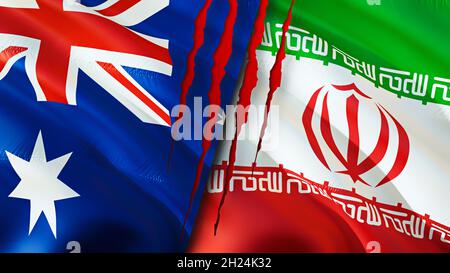 Australia and Iran flags with scar concept. Waving flag 3D rendering. Australia and Iran conflict concept. Australia Iran relations concept. flag of A Stock Photo