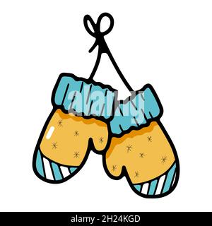 Warm winter knitted pair of mittens on a rope Stock Vector