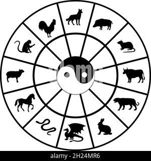 Silhouettes of animals in the Chinese calendar. Horoscope with zodiac signs Stock Vector