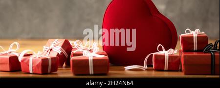 Close up photo of red present boxes Love, gift and present concept. Stock Photo