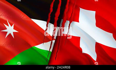 Jordan and Switzerland flags with scar concept. Waving flag,3D rendering. Switzerland and Jordan conflict concept. Jordan Switzerland relations concep Stock Photo