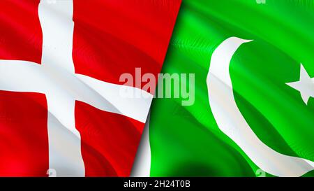 Denmark and Pakistan flags. 3D Waving flag design. Pakistan Denmark flag, picture, wallpaper. Denmark vs Pakistan image,3D rendering. Denmark Pakistan Stock Photo