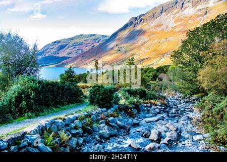 Looking down Lingmoor Gill towards Brackenclose and Wast Water on the descent from Scafell Pike, Lake District National Park, Cumbria, England, UK Stock Photo