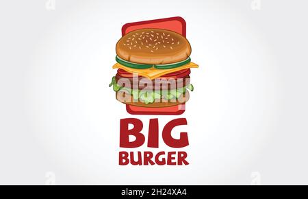 Big Burger Vector Logo Template. Vector illustration of burger shop icon logo design. Burger menu for American fast food cafe. Stock Vector