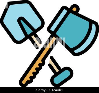 Crossed shovel and axe icon. Outline crossed shovel and axe vector icon color flat isolated Stock Vector