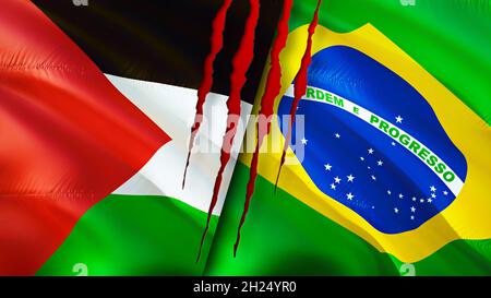 Palestine and Brazil flags with scar concept. Waving flag,3D rendering. Palestine and Brazil conflict concept. Palestine Brazil relations concept. fla Stock Photo