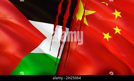 Palestine and China flags with scar concept. Waving flag,3D rendering. Palestine and China conflict concept. Palestine China relations concept. flag o Stock Photo