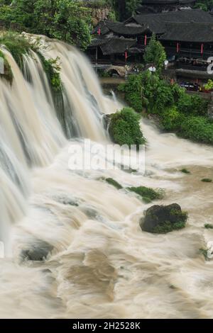 The Wangcun Waterfall separates the ancient town of Furong in Hunan Province, China. Stock Photo