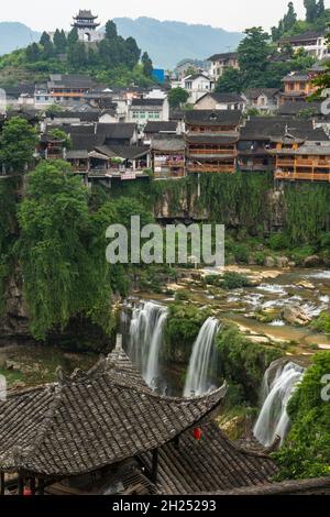 The Wangcun Waterfall separates the ancient town of Furong in Hunan Province, China. Stock Photo