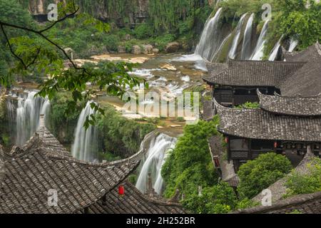 The Wangcun Waterfall separates the ancient town of Furong in Hunan Province, China. Stock Photo