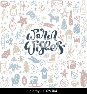 Warm Wishes vector calligraphic lettering Christmas text and xmas doodle scandinavian elements in form of square. Composition for winter holiday Stock Vector