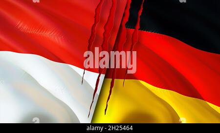 Indonesia and Germany flags with scar concept. Waving flag,3D rendering. Indonesia and Germany conflict concept. Indonesia Germany relations concept. Stock Photo