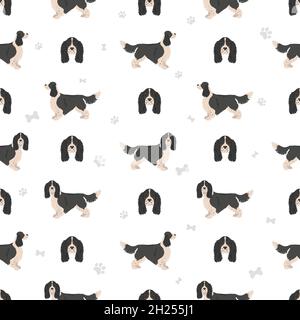 English springer spaniel seamless pattern. Different poses, coat colors set.  Vector illustration Stock Vector