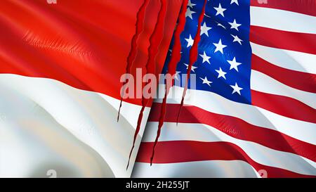 Indonesia and USA flags with scar concept. Waving flag,3D rendering. Indonesia and USA conflict concept. Indonesia USA relations concept. flag of Indo Stock Photo