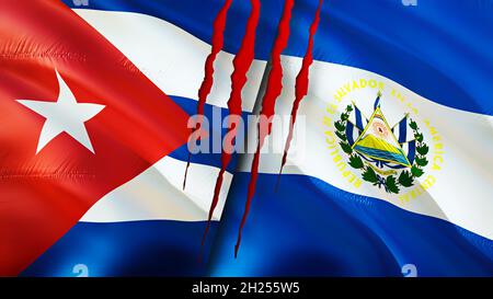 Cuba and El Salvador flags with scar concept. Waving flag 3D rendering. Cuba and El Salvador conflict concept. Cuba El Salvador relations concept. fla Stock Photo