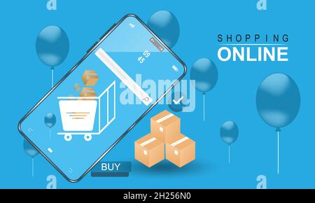 Isometric online delivery shopping vector template with delivery cart, balloon and shopping bag. Smartphone app shopping illustration. Stock Vector