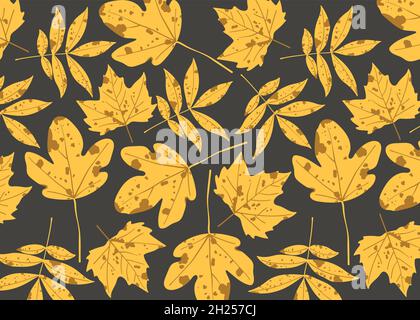 Vector pattern with yellow, dry leaves with different shapes,  on a dark background. Stock Vector
