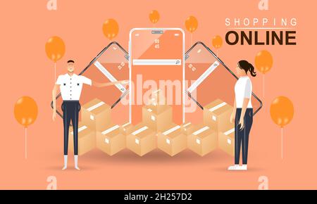 Isometric online delivery shopping vector template with Smartphone app and shopping bag. Sender and receiver people are ready with the delivery. Stock Vector