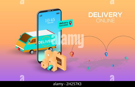 Isometric online delivery shopping vector template with delivery car and shopping bag. Smartphone app shopping illustration. Stock Vector