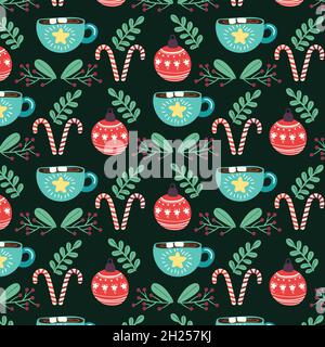 Christmas pattern with hot chocolate cup, candy cane, christmas globe, christmas elements. Stock Vector