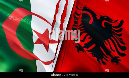 Algeria and Albania flags with scar concept. Waving flag 3D rendering. Algeria and Albania conflict concept. Algeria Albania relations concept. flag o Stock Photo