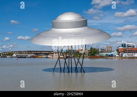 The London artist Suzanne Treister has created the spaceships of Bordeaux for the bassins à flots in Bordeaux, France Stock Photo