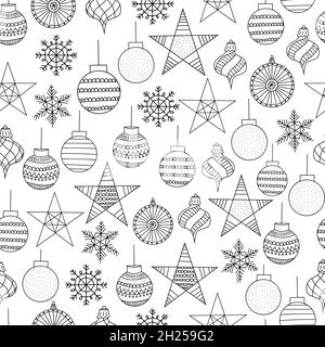 Christmas ornaments coloring pattern. Seamless vector background hand drawn black and white Christmas baubles balls, snowflakes. Pattern for coloring Stock Vector