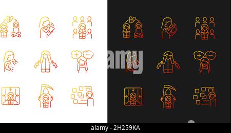 Phobias and its symptoms gradient icons set for dark and light mode Stock Vector