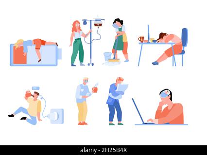 Fatigue overwork people at work isolated set Stock Vector