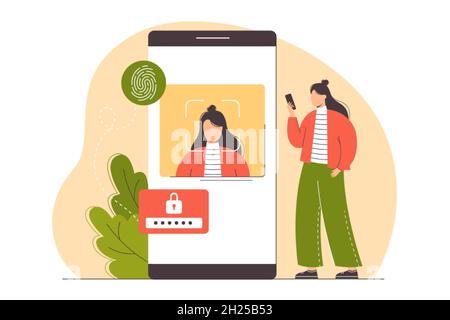 Data protection with biometric identification. Fingerprint security system on smartphone for secure authentication and transactions. Flat woman scans her face to access data. ID scanning technology. Stock Vector