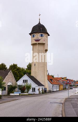 Saxine, Smiling water tower and mascot of Sakskøbing, Lolland, Denmark Stock Photo