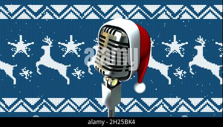 Image of retro microphone with santa hat over christmas pattern on blue background Stock Photo