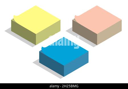 Isometric stack of paper sticky notes for recording tasks and reminders. Realistic 3D vector isolated on white background Stock Vector