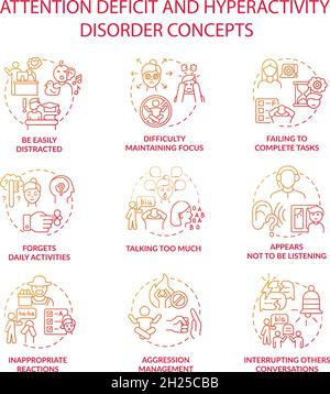 Attention deficit and hyperactivity disorder concept icons set Stock Vector
