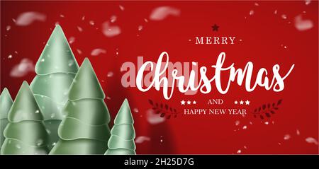 red merry christmas and happy new year card with christmas trees and snow Stock Vector