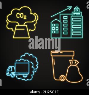 Neon icon set - causes of climate change. Carbon emissions, air pollution, urbanization and city garbage symbols. Vector illustration. Stock Vector