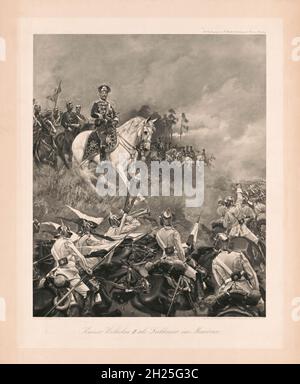 A vintage illustration circa 1902 of the German Kaiser Wilhelm II in Leib Hussar Regiment military uniform on horseback with his army on manoeuvres Stock Photo