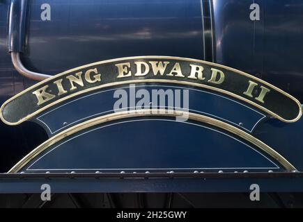 Nameplate of vintage steam locomotive GWR 6000 Class 6023  King Edward 11 at Didcot Railway Centre, Didcot, Oxfordshire, England