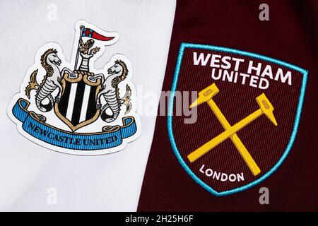 Close up of Newcastle United & West Ham United club crest. Stock Photo