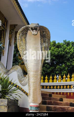 Mythical serpent of Thailand.Naga statue protecting the entrance to Thai temple.Cobra Snake Statue in temple in bangkok, thailand. Stock Photo