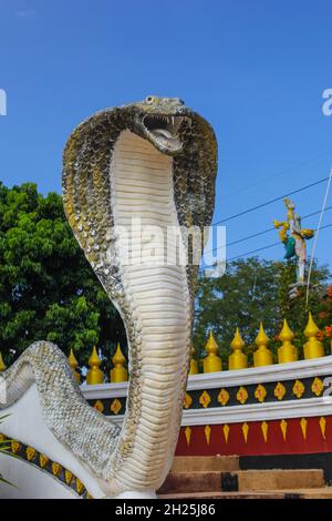 Mythical serpent of Thailand.Naga statue protecting the entrance to Thai temple.Cobra Snake Statue in temple in bangkok, thailand. Stock Photo