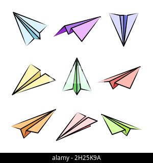Various hand drawn paper planes. Colorful doodle airplanes. Aircraft icon, simple plane silhouettes. Outline, line art. Vector illustration. Stock Vector