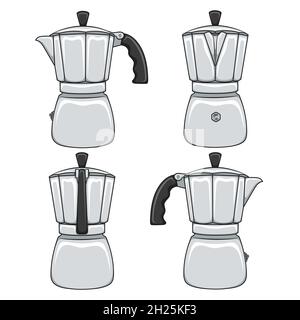 Set of color illustrations of geyser coffee makers. Isolated vector objects on white background. Stock Vector