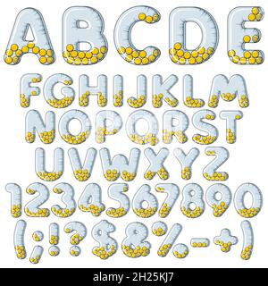 Inflatable alphabet, letters, numbers and signs with balls. Set of colored vector isolated objects on white background. Stock Vector